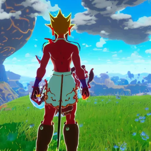 Image similar to hisoka in breath of the wild, screenshot, sharp, uhd 4 k