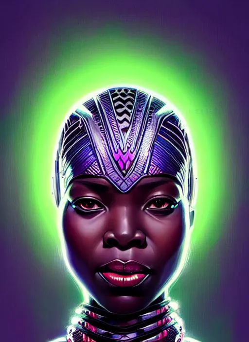 Image similar to portrait of female wakanda humanoid, very intricate, elegant, cyber neon lights, highly detailed, digital illustration, trending in artstation, trending in pinterest, glamor pose, concept art, smooth, sharp focus, art by artgerm and greg rutkowski