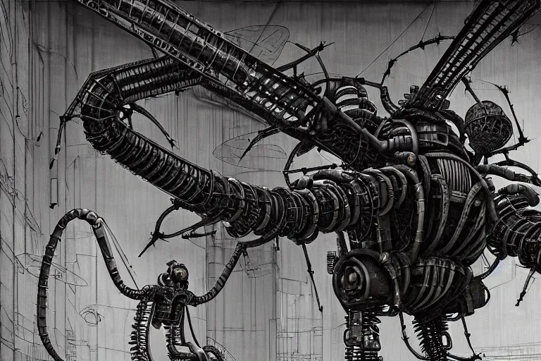 Image similar to dieselpunk huge robotic dragonfly, inside an gigantic underground concrete doom hangar, interior structure, drains, storm drains, jungle, vines, algea, cables, panels, walls, ceiling, floor, doors, brutalist architecture, intricate ink drawing, highly detailed in the style of Ashley Wood, moebius and Tsutomu Nihei, photorealistic, cinematic, intricate detail, well lit,