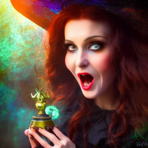 Image similar to gorgeous witch surprised and excited because she can cast a spell, magic, comedy , fantasy, D&D, HDR, natural light, award winning photograph, 8k, Mucha style,