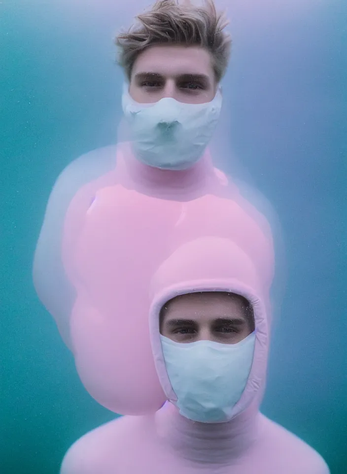 Prompt: high quality pastel coloured film portrait photograph of a beautiful young 2 0 year old male, soft features, short hair, wearing perspex space mask and oversized inflated clothing!! icelandic black rock pool environment. atmospheric three point light. photographic. art directed. ( pastel colours ). volumetric. clearcoat. waves. 8 k. filmic.