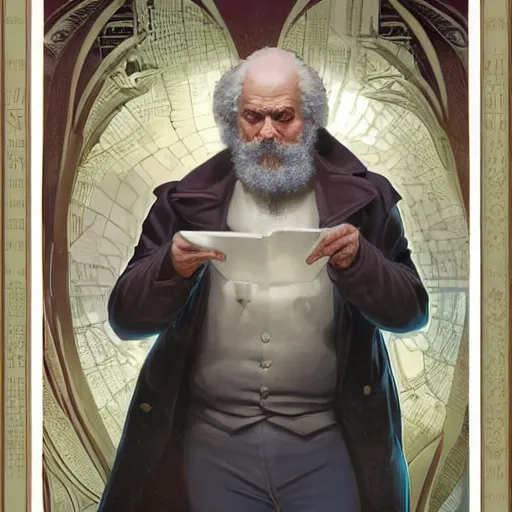 Prompt: Karl Marx pondering his orb, highly detailed, digital painting, artstation, concept art, smooth, sharp focus, illustration, art by todd lockwood and magalie villeneuve and alan lee and artgerm and greg rutkowski and alphonse mucha