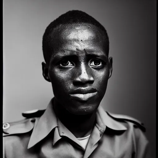 Image similar to black and white photo, portrait of rwandan soldier by richard avedon, realistic, Leica, medium format, cinematic lighting, parallax, high resolution,