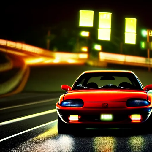 Image similar to a car Mazda RX7 in middle of road, gunma prefecture, night city, cinematic color, photorealistic, highly detailed