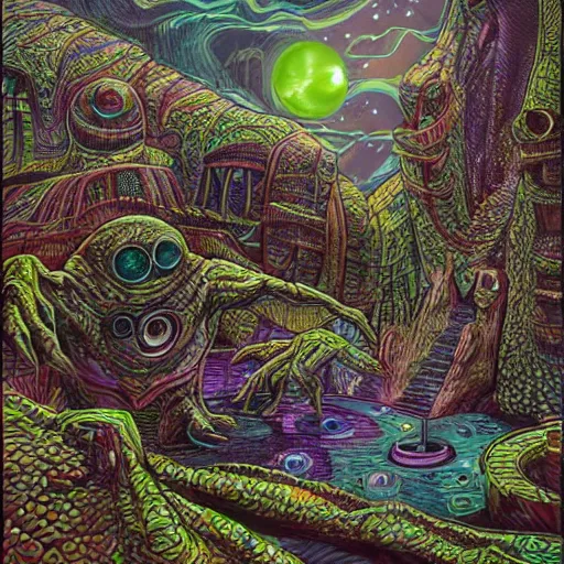 Prompt: extraterrestrial bordello on another planet, Jim Henson creature shop, highly detailed, illustration