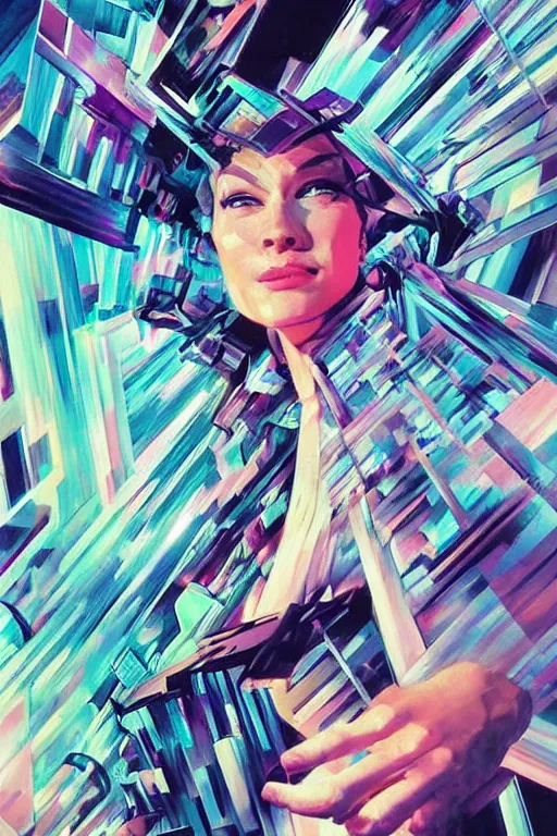 Prompt: wideangle portrait, a wild dancer tangled in broken tensor fields, madness, decoherence, synthwave, glitch!!, fractured reality, vortex, realistic, hyperdetailed, concept art, art by syd mead, cubism