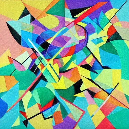 Prompt: A beautiful painting. A colorful abstract composition. It is made up of geometric shapes and lines in various colors. The shapes appear to be floating in space and the colors are very bright and vibrant. kelly green, Louis Vuitton, pastel blue by Brian Mashburn, by Satoshi Kon wondrous, rendering