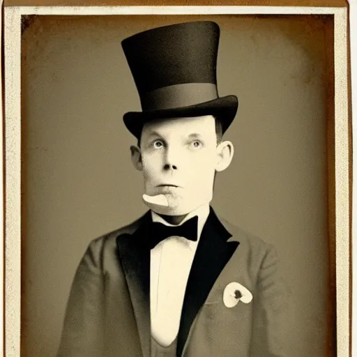 Prompt: dapper honeybee wearing tuxedo, top hat, monocle, tintype