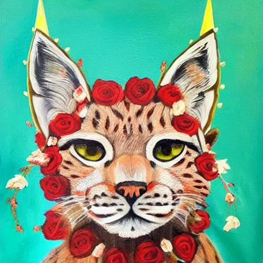 Prompt: lynx wearing a crown!! made out of roses, crown!!! of roses, an expressive oil painting, high quality art,