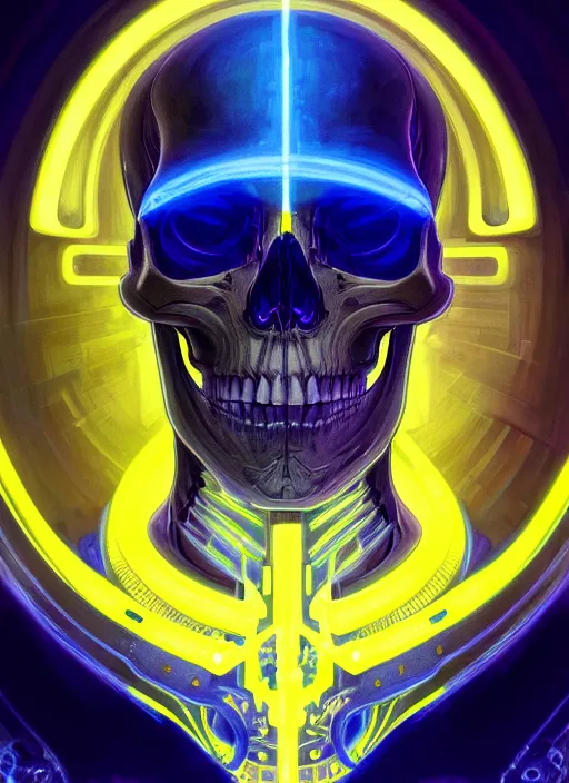 Image similar to symmetry!! portrait of a skull, sci - fi, tech wear, blue and yellow glowing lights!! intricate, elegant, highly detailed, digital painting, artstation, concept art, smooth, sharp focus, illustration, art by artgerm and greg rutkowski and alphonse mucha