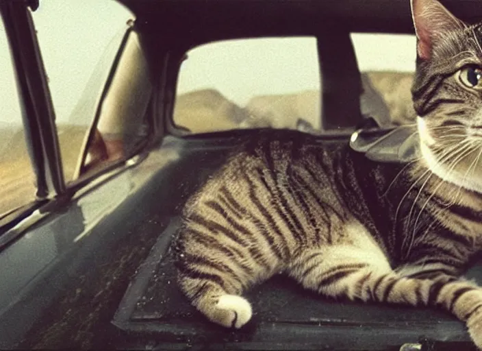 Image similar to A very high resolution image from a new movie, a cat driving a car around, inside of a car , mountains, Polaroid, directed by wes anderson