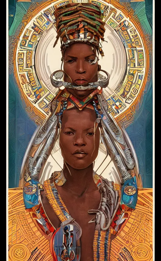 Image similar to a retro futuristic african tribal chief, art by joseph christian leyendecker, design blocking by alphonso mucha, poster design by drew struzan, highly detailed, digital painting, concept art, smooth sharp focus, intricate, symmetry,