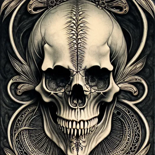 Image similar to art forms of nature by ernst haeckel, memento mori by arthur rackham, ornate antique porcelain beautiful skull mask, ultrasharp, photorealistic, hyperdetailed, octane render, polished, art nouveau, neo - gothic, gothic, intricate ornamental organic filigree, art nouveau botanicals, art forms of nature by ernst haeckel, horizontal symmetry, symbolist, visionary