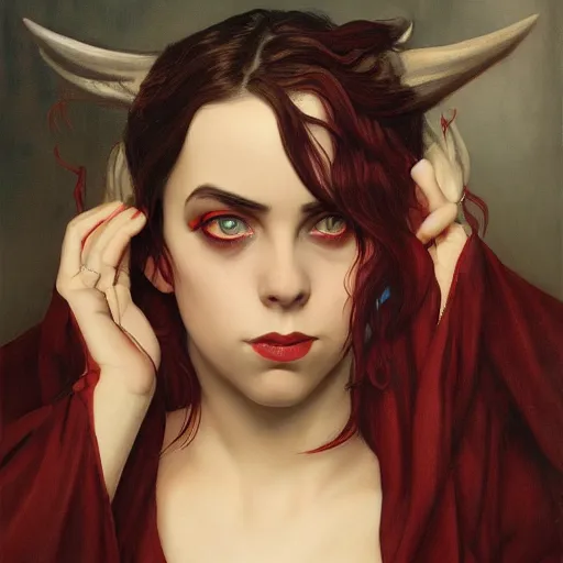 Image similar to Billie Eilish as a demon succubus, oil on canvas, noir effect, artstation, by J. C. Leyendecker and Edmund Blair Leighton and Charlie Bowater,--width 1600