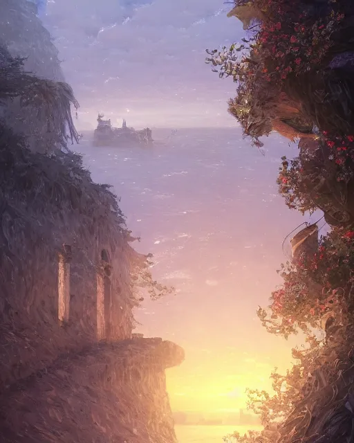 Image similar to over the shoulder landscape painting of violet evergarden, behind are distant lights from an old european city, next to the reflecting ocean, nighttime, long hair, by Philipp A. Urlich and Pengzhen Zhang and Andreas Rocha, fantasy, intricate, elegant, highly detailed, digital painting, artstation, blender, unreal engine 5, octane render, smooth, sharp focus, illustration