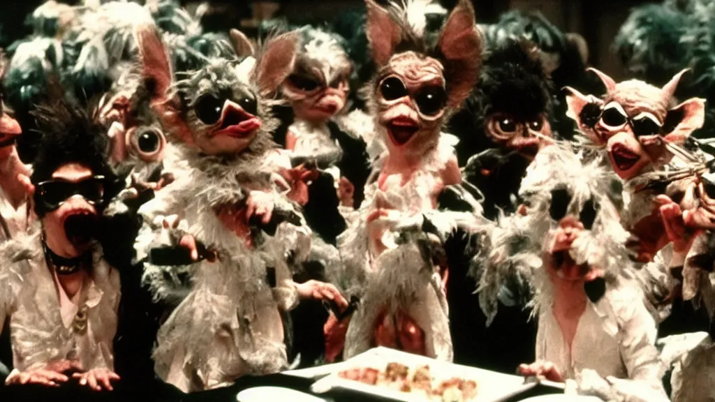 Prompt: Gremlins disguised as soundcloud rappers and heath food influencers orchestrate black swan event stock market crypto crash, film still from Gremlins 3 directed by Joe Dante, Nathan Fielder and Groucho Marx