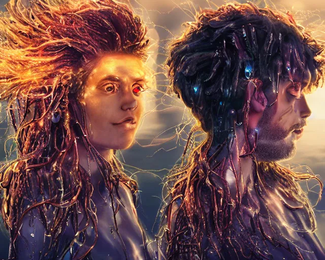 Image similar to glowing hair, complex cybernetic beings, beautiful hairy humanoids, cybermagnetosphere, cybernetic civilizations, ornate hair, love, joy, vortexes, large arrays, data holograms, 8 k, cinematic light shadows, wet hdr refractions, *, * * *, * * * * *