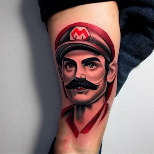 Image similar to tattoo design, stencil, portrait of mario by artgerm