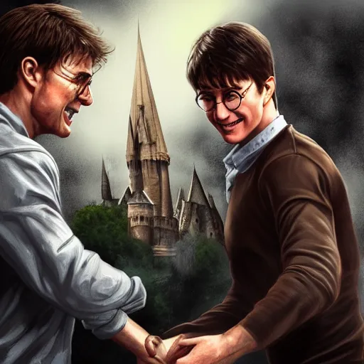 Image similar to tom cruise shaking hands with harry potter, digital art, highly - detailed, artstation cgsociety masterpiece