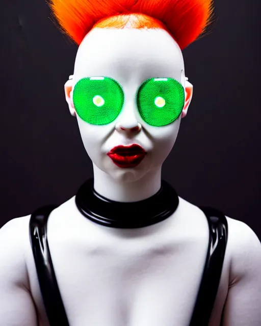 Image similar to symmetrical portrait of an albino woman cyborg wearing a silicone swarovski studded red beauty mask and green hair buns, wearing a black bodysuit armour by alexander mcqueen, cream white background, soft diffused light, biotechnology, humanoid robot, bjork aesthetic, translucent, by rineke dijkstra, intricate details, highly detailed, masterpiece,