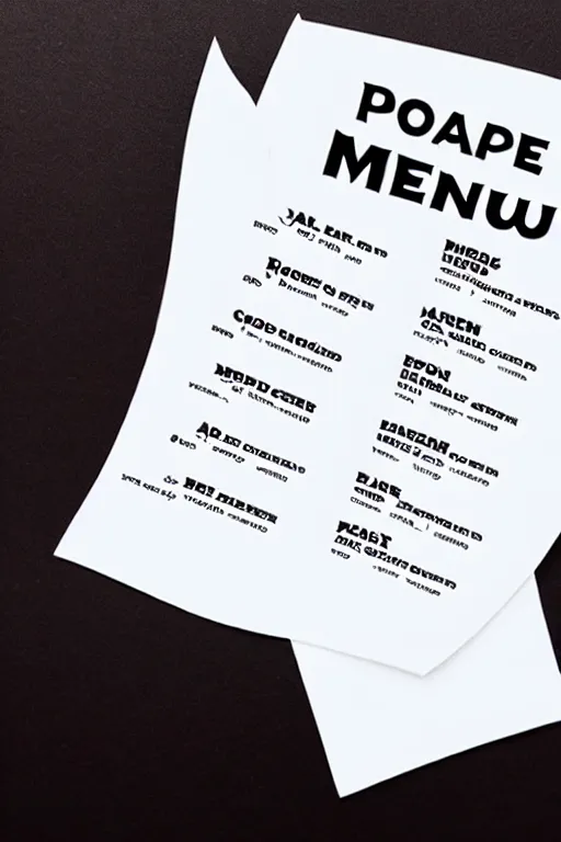 Prompt: a piece of paper with a menu written on it