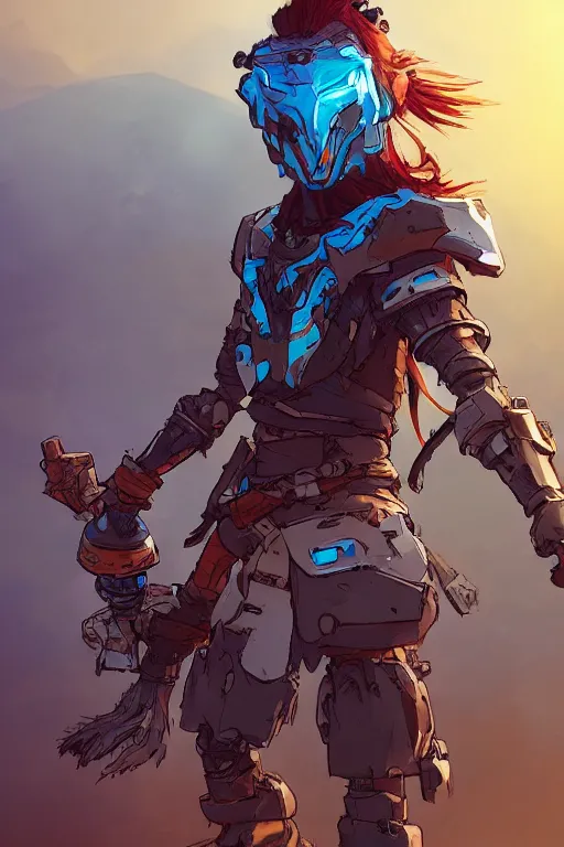 Image similar to combination suit armor aloy horizon forbidden west horizon zero dawn robot ninja mask helmet backpack tribal, art gta 5 comics, official fanart behance hd artstation by jesper ejsing, by rhads, makoto shinkai and lois van baarle, ilya kuvshinov, ossdraws radiating a glowing aura cgi rtx 2 0 2 2