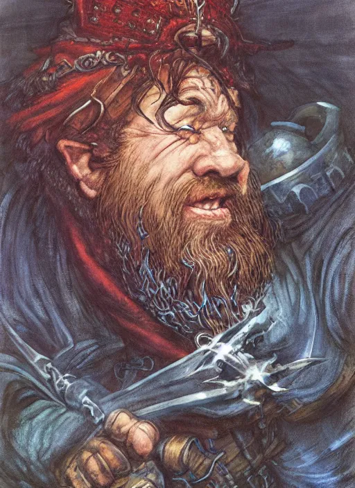 Image similar to portrait of dwarf sorcerer, beautiful! coherent! dungeons and dragons character, by brian froud, larry elmore, gerald brom, ralph horsley, wayne reynolds, strong line, deep color, chainmail, short red hair, high contrast