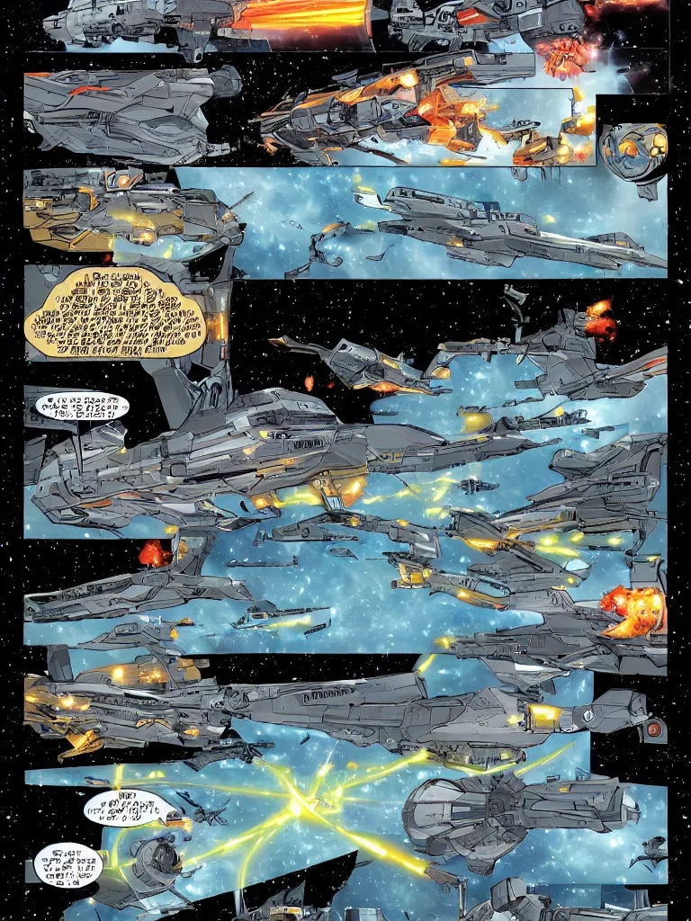 Image similar to A science fiction comic book page made by Jorg de Vos, spaceship battle, stars, explosions, epic scene