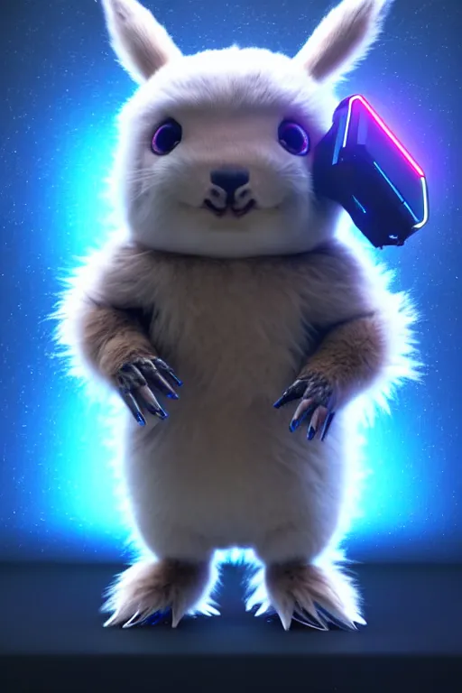 Image similar to high quality 3 d render sci - fi very cute mecha! & fluffy! wombat!! hybrid fighting, highly detailed, unreal engine cinematic smooth, in the style of detective pikachu & blade runner, hannah yata charlie immer, dark blue neon light, low angle, uhd 8 k, sharp focus