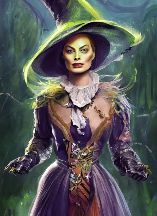 Image similar to beautiful female wicked witch, margot robbie as the wicked witch of the west, full body character concept, armor, super powers, fantasy, intricate, elegant, highly detailed, digital painting, artstation, concept art, shining, sharp focus, illustration, art by stanley lau