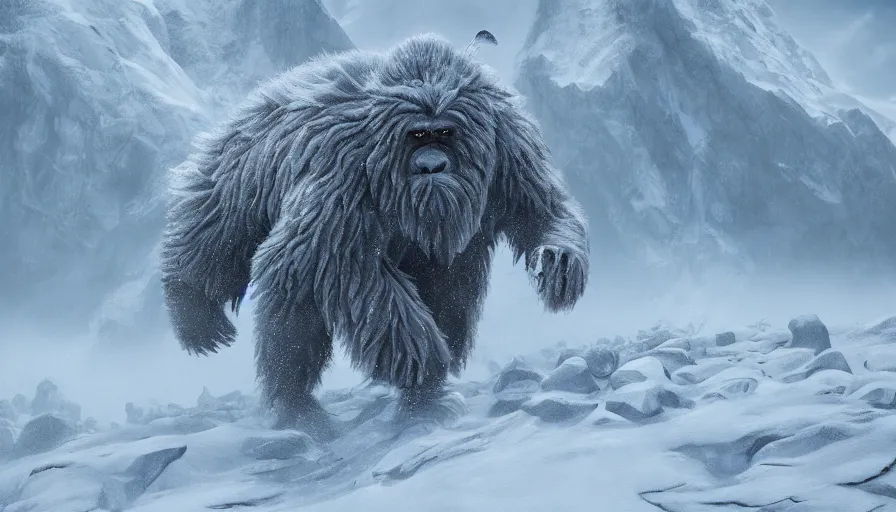 Prompt: Drawing of a humongous yeti walking in the snowy mountain, hyperdetailed, artstation, cgsociety, 8k