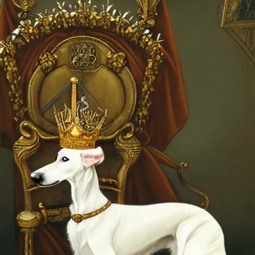 Prompt: Portrait of an anthropomorphic White Greyhound wearing a fancy crown and holding a longsword in a medieval throne room. Very high quality. Drawn by James Christensen