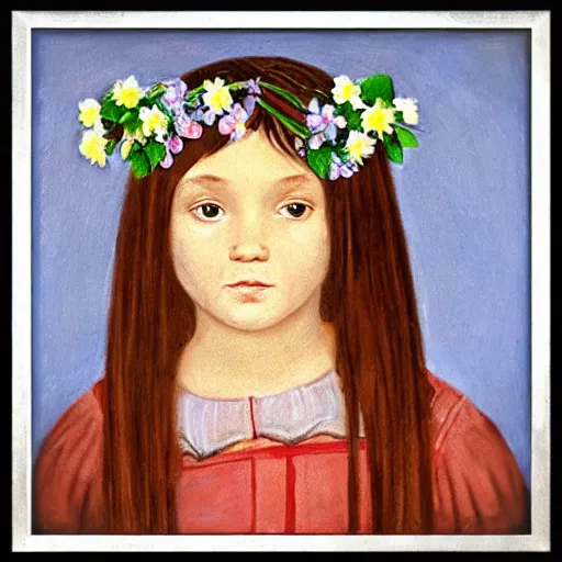 Image similar to “portrait of brownhair medieval child girl with flowers over her head, artwork, academic, sharp focus”