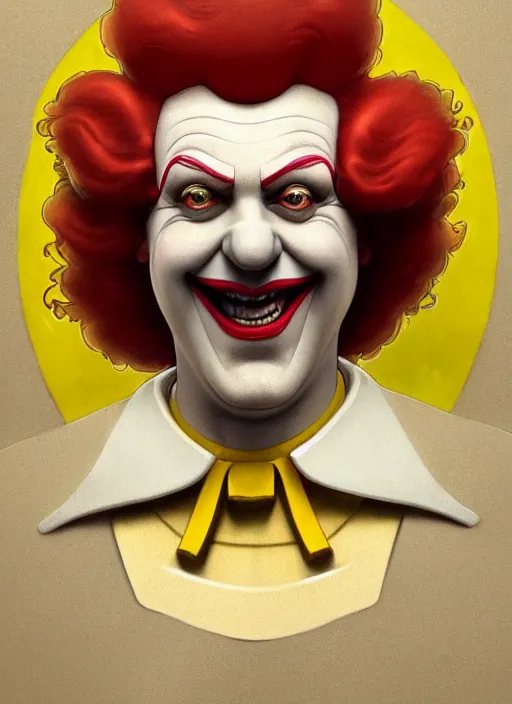 Image similar to close up portrait of ronald mcdonald, court jester, yellow jumper with white collar by artgerm, cushart krenz, greg rutkowski, mucha. art nouveau. gloomhaven, golden arches logo, pale colors, sharp edges. ultra clear detailed. 8 k. elegant, intricate, octane render