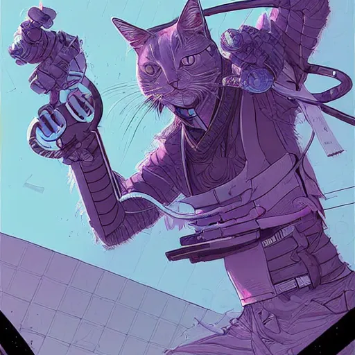 Image similar to cat samurai concept art by Josan Gonzalez, sci-fi, highly detailed, digital painting, artstation, smooth, sharp focus, illustration, concept art by Josan Gonzalez and James Gurney and Mœbius