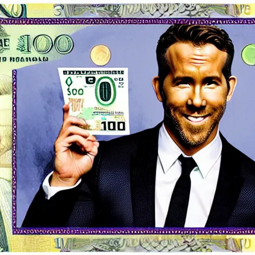 Prompt: ryan reynolds in a 1 0 0 dollar bill