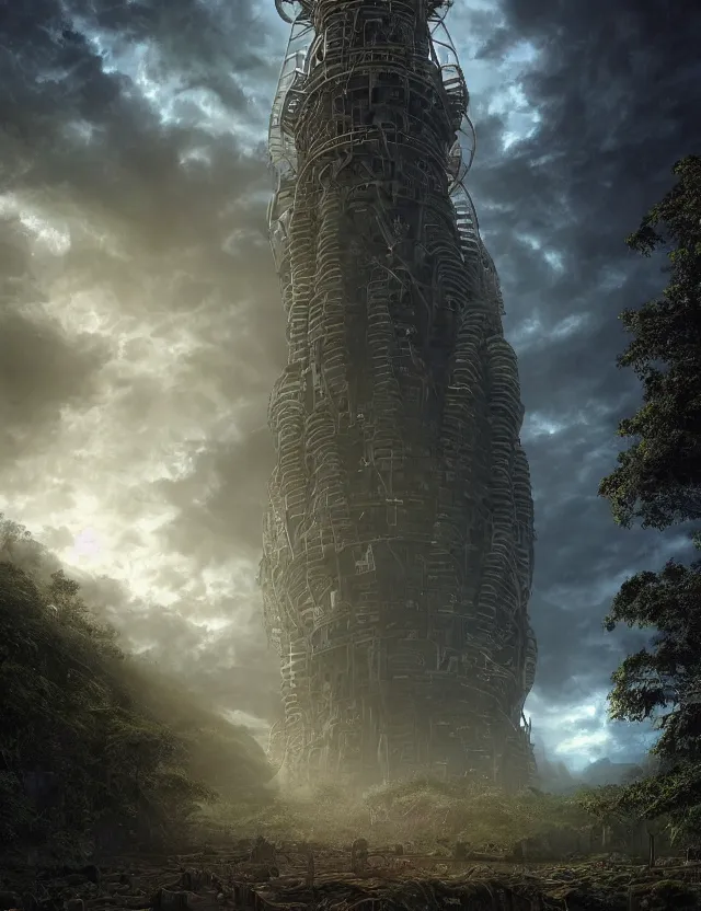 Prompt: A hyper realistic matte painting of a massive epic futuristic science fication tower with glowing engraved runes and dark windows an ominous sky an eerie jungle at twilight by keith parkinson, Christophe Vacher and Gregory Crewdson. Subject in view, golden ratio composition, moody volumetric lighting, very wide shot, f11:10, trending on artstation and cgsociety