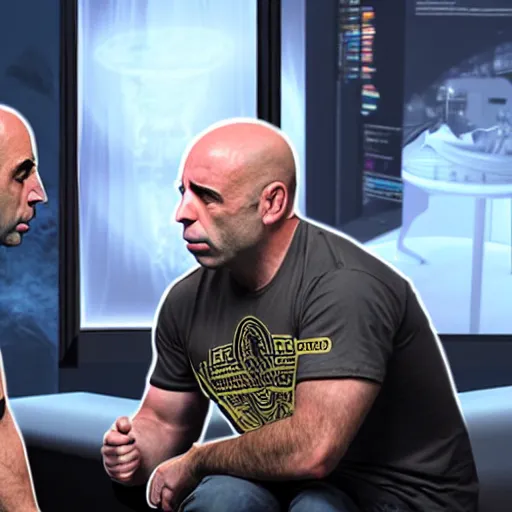 Prompt: joe rogan interviewing an inter - dimensional dmt alien, octane render