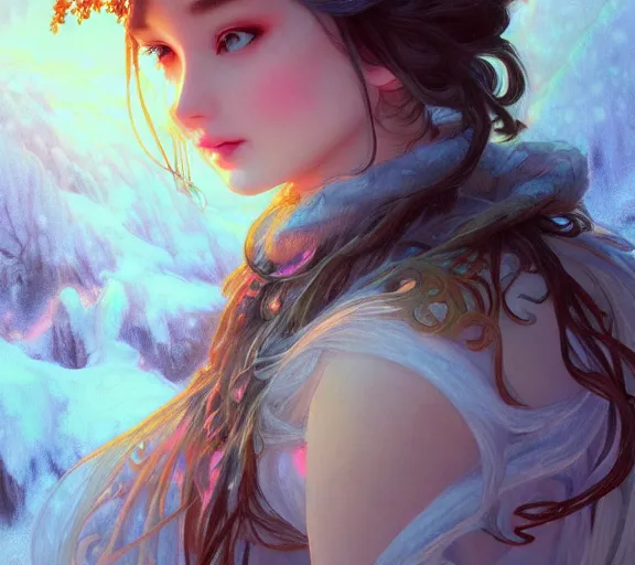 Image similar to beautiful ancient frost witch, pastel fire in eye, snow glow, pool party, highly detailed, digital painting, artstation, sharp focus, illustration, art by tan zi and ayanamikodon and alphonse mucha and wlop