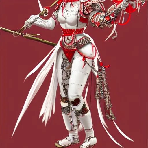 Image similar to albino maiko in a ornated armor preparing for war, full body, dynamic pose, red and white neon, concept art, intricate details, highly professionally detailed, cgsociety, highly detailed -