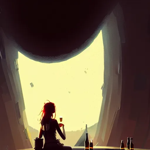 Image similar to a girl drinking beer in black hole, detailed digital art by greg rutkowski.