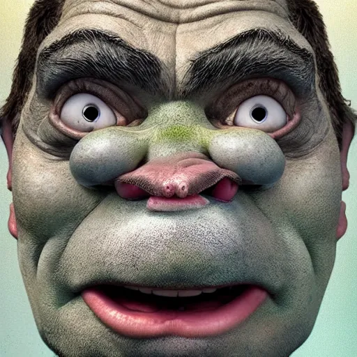 Prompt: Very very very very highly detailed epic central composition photo of Mr Bean as Shrek face, intricate, extremely detailed, digital painting, smooth, sharp focus, illustration, happy lighting, incredible art by Brooke Shaden, artstation, concept art, Octane render in Maya and Houdini