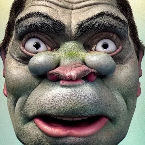 Image similar to Very very very very highly detailed epic central composition photo of Mr Bean as Shrek face, intricate, extremely detailed, digital painting, smooth, sharp focus, illustration, happy lighting, incredible art by Brooke Shaden, artstation, concept art, Octane render in Maya and Houdini