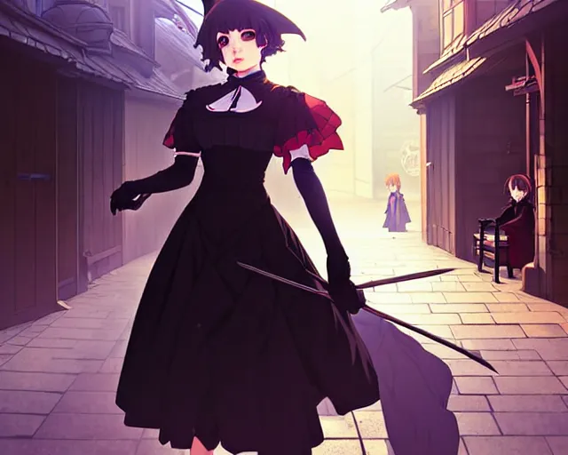 Image similar to ilya kuvshinov, moody, key anime visual portrait of a young female witch walking through a busy medieval village, dynamic pose, dynamic perspective, cinematic, dramatic lighting, muted colors, detailed silhouette, textured, anime proportions, alphonse mucha, perfect anime face,, yoh yoshinari, takashi murakami