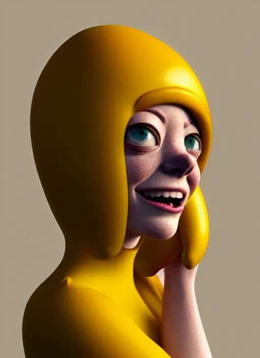 Image similar to anthropomorphic portrait of emma stone as a banana, au naturel, hyper detailed, digital art, trending in artstation, cinematic lighting, studio quality, smooth render, unreal engine 5 rendered, octane rendered, art style by klimt and nixeu and ian sprigger and wlop and krenz cushart and pixar and riot and adventuretime