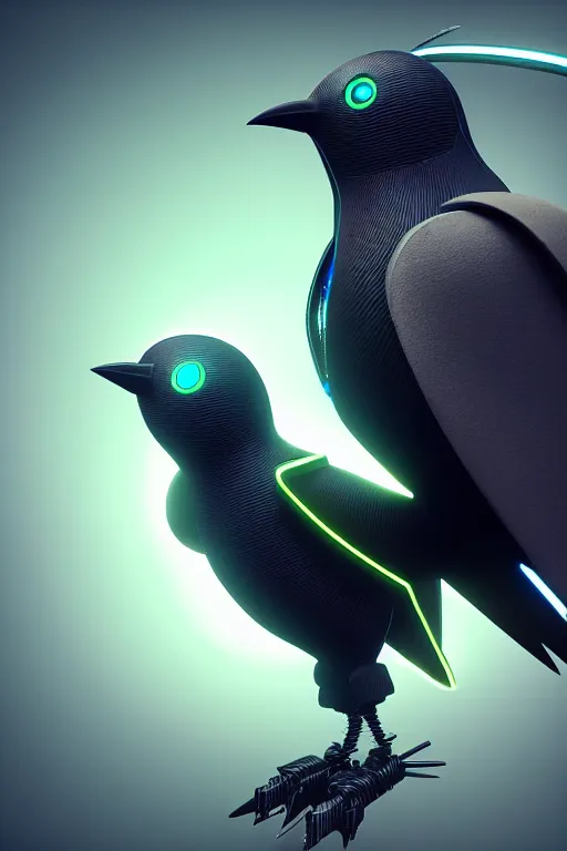 Image similar to high quality 3 d render very cute cyborg crow! sings into big microphone!, cyberpunk highly detailed, unreal engine cinematic smooth, in the style of blade runner & detective pikachu, hannah yata charlie immer, moody light, low angle, uhd 8 k, sharp focus