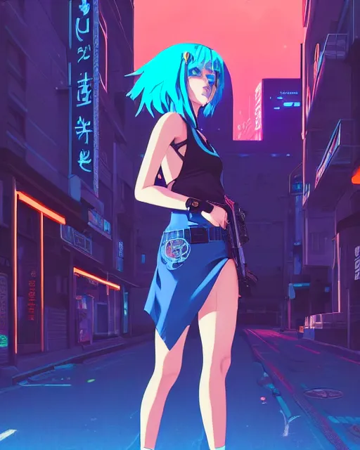 Image similar to digital illustration of cyberpunk pretty girl with blue hair, beautiful blue eyes, wearing a short mini skirt and tank top, in city street at night, by makoto shinkai, ilya kuvshinov, lois van baarle, rossdraws, basquiat