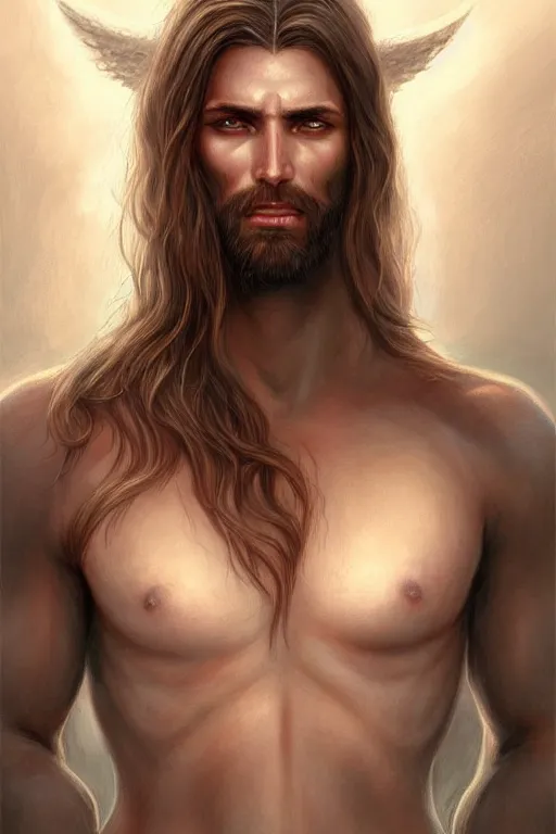 Image similar to Nearthendahl man angels, primitive facial features, fantasy, long hair, highly detailed, digital painting, artstation, concept art, smooth, sharp focus, illustration, art by artgerm and manara