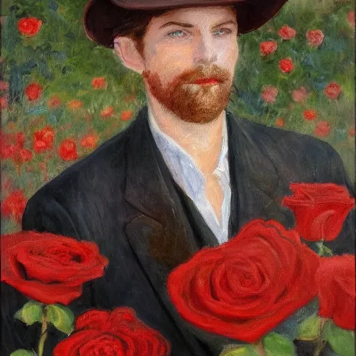 Prompt: an impressionist painting of a tall man with blue eyes and brown hair stands in the middle of a field of red roses. He is wearing a leather wide brim hat and a leather vest. He holds a single red rose in his hand