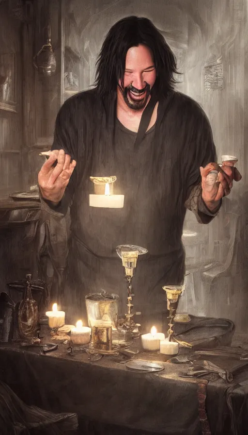 Prompt: keanu reeves as fat drunk tavern owner, apron, laughing, candles, fame of thrones, warhammer, fibonacci, sweat drops, intricate fashion clothing, insane, intricate, highly detailed, surrealistic, digital painting, artstation, concept art, smooth, sharp focus, illustration, unreal engine 5, 8 k, art by artgerm and greg rutkowski and alphonse mucha